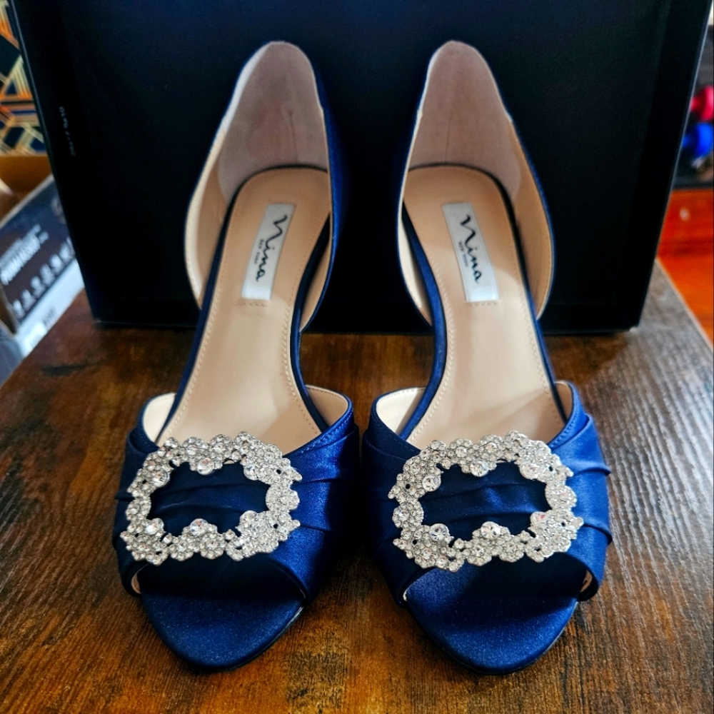 Nina Corrine Navy Peep Toe D'Orsay Pumps